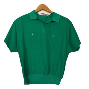 VTG Diane Von Furstenburg Green Collared Polo Blouse Short Sleeve Top Size 16